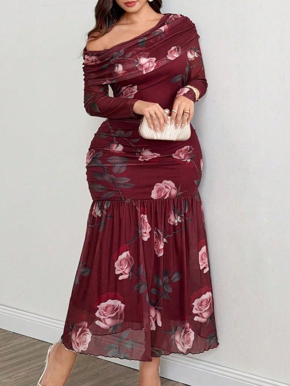 Burgundy Elegant Women's Slim Fit Asymmetrical Long Bodycon Dress - Picture 1 of 6
